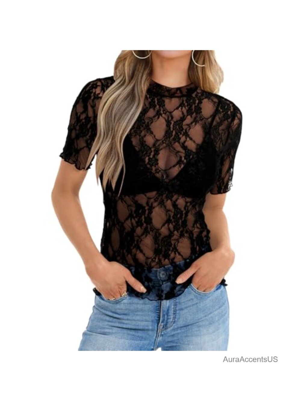 Women's Sheer Lace Mesh Long Sleeve T-Shirt Floral Mock Neck Fitted Blouse